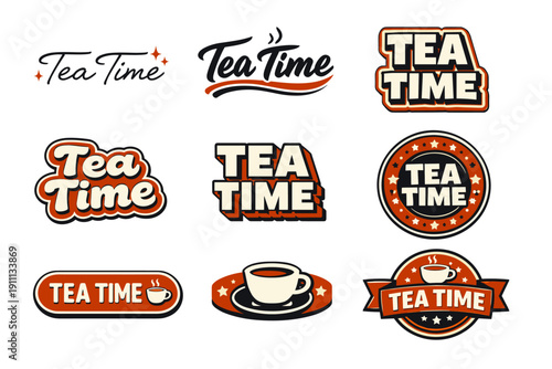 Vintage tea time logos collection with cups and text designs