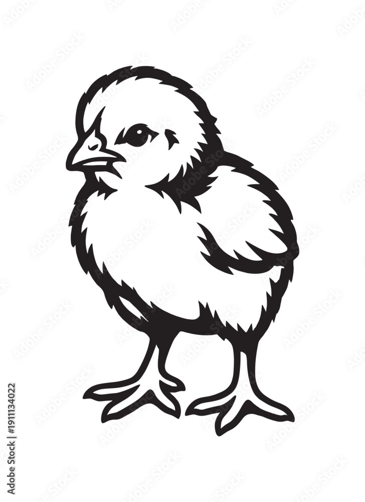 Fototapeta premium Cute fluffy baby chick illustration in a bold black and white graphic style, showing the small bird standing with simple, clean lines and high contrast for a modern design