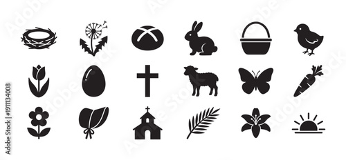 Collection of black Easter and spring icons featuring a cross, bunny, egg, lamb, church, and flowers for religious and seasonal holiday celebrations in a simple glyph style