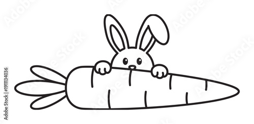 Cute bunny rabbit character peeking over a large carrot in a simple black and white line art style, a charming and playful hand-drawn doodle for a coloring page