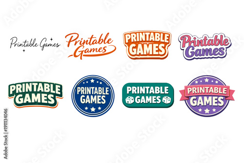 Variety of printable games logo designs in different fonts and colors