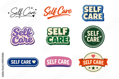Collection of self care typography designs in various styles and colors