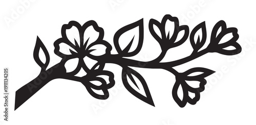 Black silhouette of a flowering tree branch with delicate blossoms and leaves, a beautiful and elegant floral design element for nature-themed decoration or graphic illustration
