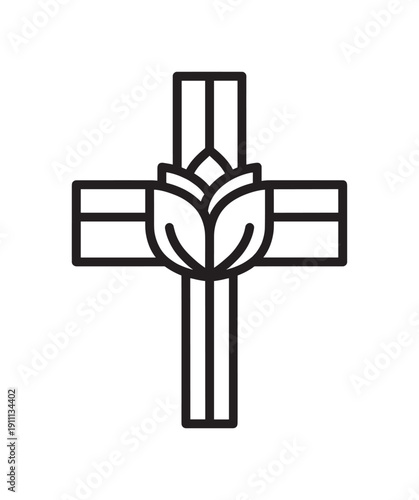 Black line art Christian cross icon with a stylized flower blooming at its center, symbolizing faith, resurrection, and spirituality in a clean, minimalist design