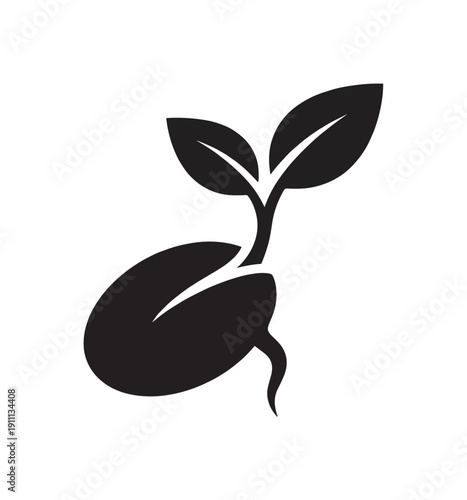 Black silhouette icon of a sprouting seed with two leaves and a small root, symbolizing growth, new beginnings, and nature in a minimalist graphic design style