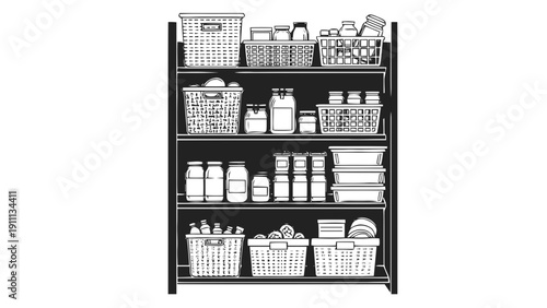 Vector illustration of black and white line art illustration of a fully stocked pantry shelf with various containers, jars, and baskets for organization and storage on a transparent background