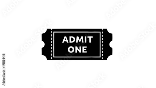 Vector illustration of black and white admit one ticket icon or symbol for entry, cinema, event, or concert access, on a transparent background