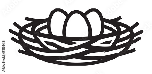 Bird's nest with three eggs depicted in a bold black and white graphic illustration style, symbolizing new life, family, home, security, and nature in a clean, minimalist design