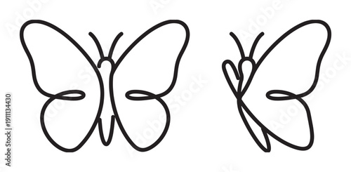 Two simple black butterfly line drawings in a minimalist one-line art style, showing top-down and side views of the delicate insect with elegant, continuous flowing curves