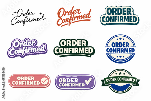 Diverse order confirmed badge designs in various styles and colors