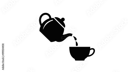 Vector illustration of black silhouette icon of a teapot pouring liquid into a cup, simple vector graphic for beverage service or tea time concept on a transparent background