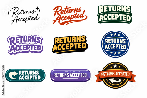 Diverse 'returns accepted' signs in various styles and colors