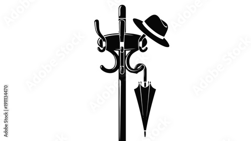 Vector illustration of black and white silhouette icon of a coat rack with a hat and a closed umbrella hanging on it on a transparent background