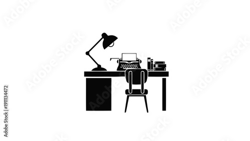 Vector illustration of black and white silhouette icon of a writers desk with a typewriter, chair, and lamp on a pure on a transparent background