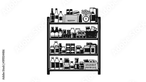 Vector illustration of black and white illustration of a kitchen pantry shelf stocked with various food items, jars, bottles, and containers on a transparent background
