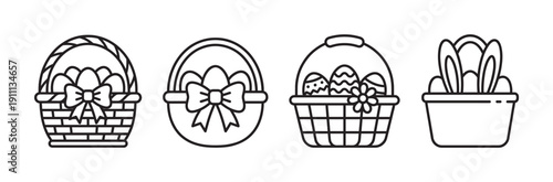 Four different Easter basket line art icons filled with decorated eggs and adorned with bows, a flower, and bunny ears in a minimal graphic illustration collection