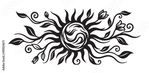 Black and white ornamental sun illustration with growing vines, leaves, and flowers in a decorative folk art style, featuring elegant symmetrical swirls and curls