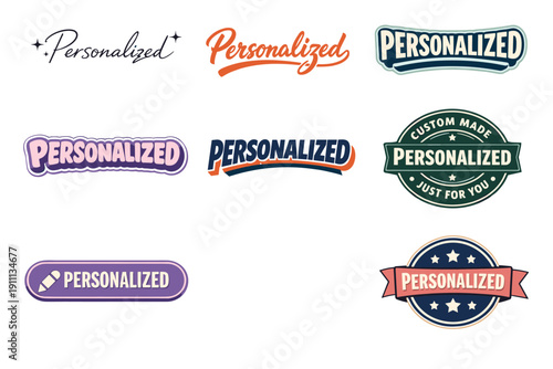 Set of diverse personalized labels in various styles and colors