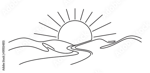 Minimalist black line art illustration of a sun rising over rolling hills and a winding river, rendered in a simple, clean, and continuous contour drawing style