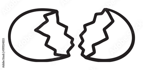 Cracked eggshell with thick black outlines, split into two empty halves with sharp, jagged edges, depicted in a simple, minimalist, and graphic hand-drawn illustration style