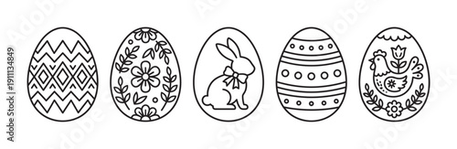 Five decorated Easter eggs in a black and white line art style featuring a rabbit, chicken, floral motifs, and geometric ornaments for a festive spring holiday celebration