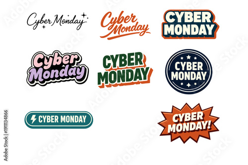 Cyber monday text designs in various styles and colors