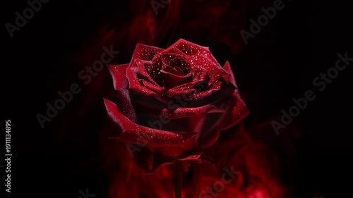 Red rose with water droplets against swirling red illuminated smoke. Dramatic fiery atmosphere symbolizing passion, desire and intense romance, perfect for Valentine and luxury perfume visuals.