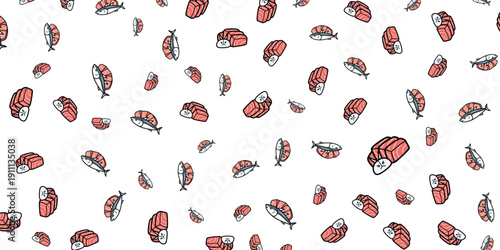 Seamless Pattern of Japanese Sushi and Sashimi with a Hand-Drawn Style