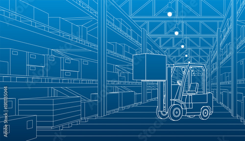 Blueprint style illustration of a forklift in a warehouse. Digital logistics, inventory management, warehouse operations, supply chain solutions, material handling, business efficiency, industrial des