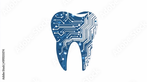 Digital tooth design with circuit patterns showing the intersection of technology and dental care