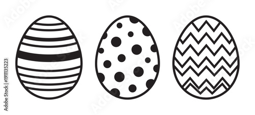 Three black and white Easter eggs with different graphic patterns, including stripes, polka dots, and zig-zags, are presented as a simple line art icon set for seasonal decoration