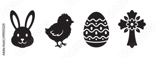 Black Easter holiday icon set with a bunny face, baby chick, decorated egg, and floral cross in a simple graphic silhouette style for spring celebration design elements