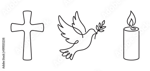 Christian religious symbols including a cross, dove with an olive branch, and a burning candle drawn in a minimalist continuous one line art style for faith and spirituality concepts