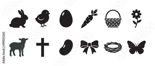 Collection of black Easter silhouette icons including a bunny, chick, egg, lamb, and cross, representing both secular and religious spring holiday traditions in a simple graphic style