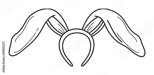 Headband with long floppy bunny ears in a black and white outline style, a simple hand-drawn illustration representing a fun costume accessory for an Easter celebration or party