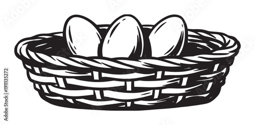Three white eggs in a woven basket illustration with bold black outlines in a simple, rustic graphic style, representing farming, food, and agricultural concepts