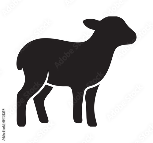 Black silhouette icon of a young lamb standing in profile view, a minimalist graphic representation of a farm animal for agricultural or religious symbolism concepts