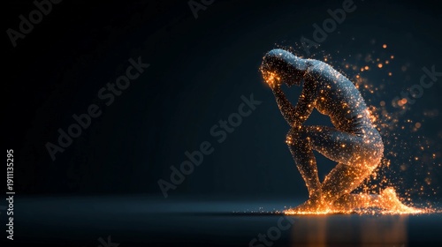 Man kneels with hands on head while surrounded by glowing particles in a dark space