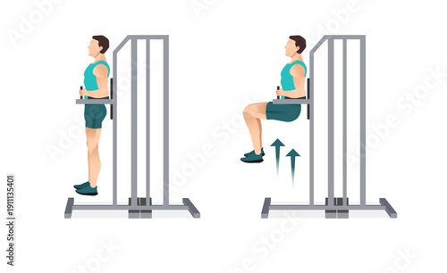 Man performing captain’s chair leg raise exercise, vertical knee raise machine, core workout illustration isolated.