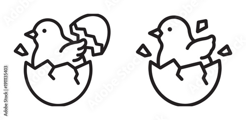 Two cute baby chicks hatching from cracked eggs in a simple black line art icon set for Easter or spring themes, representing new life, birth, and beginnings