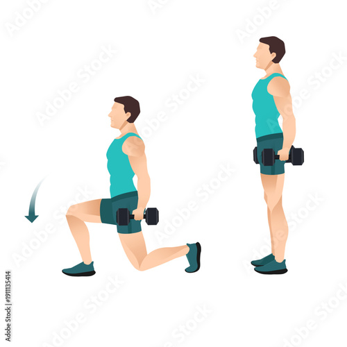 Man demonstrating dumbbell lunges exercise, step-by-step fitness movement isolated on transparent background.