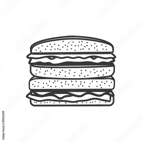 A stacked sandwich illustration featuring multiple layered ingredients inside the bread