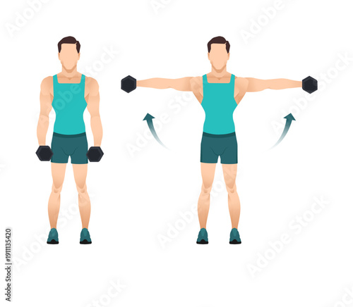 Man demonstrating dumbbell lunges exercise, step-by-step fitness movement isolated on transparent background.