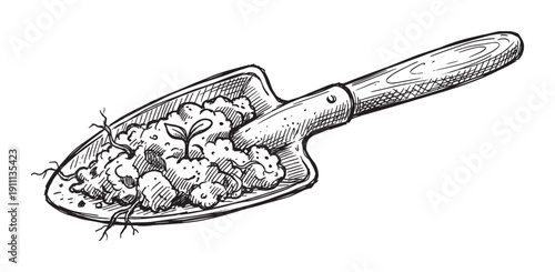 Hand-drawn garden trowel holding soil with a tiny new sprout growing from the earth, depicted in a black and white vintage sketch style illustration for gardening concepts