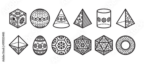 Twelve black and white geometric shapes decorated with intricate folk art floral patterns in a simple line art illustration style, featuring a cube, sphere, cone, and various polyhedrons