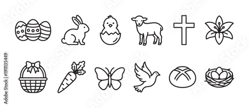 Set of black line art Easter icons featuring a bunny, chick, lamb, cross, and decorated eggs in a minimalist vector style for holiday celebration