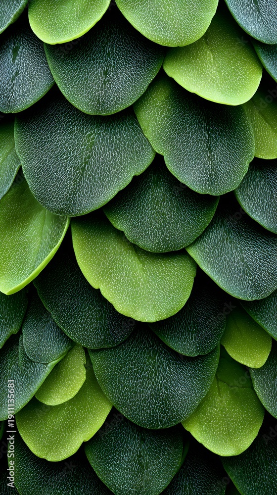 Obraz premium Layered green petals in overlapping pattern, creating a textured and vibrant image. The lush foliage is composed of numerous rounded shapes with distinct shades, showcasing nature's design