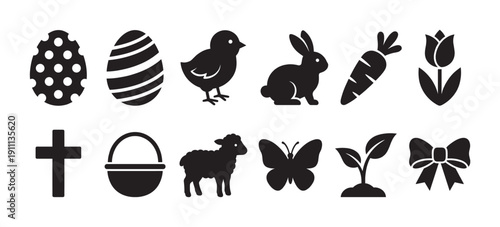 Collection of black Easter and spring icons featuring a bunny, chick, lamb, eggs, cross, basket, and butterfly in a simple flat graphic design style for holiday celebration