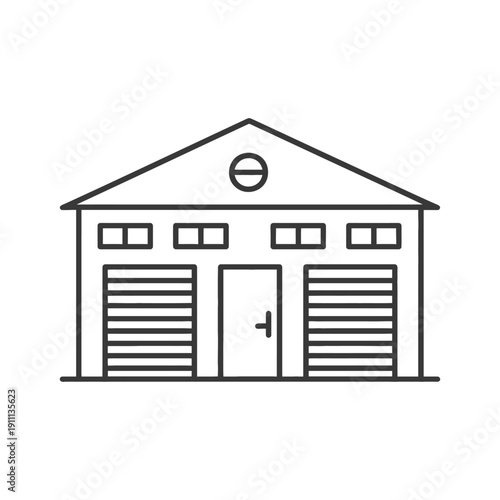 A simple linear drawing of a warehouse building with doors and windows