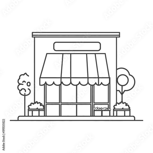 Black and white illustrated storefront with awning and surrounding plants